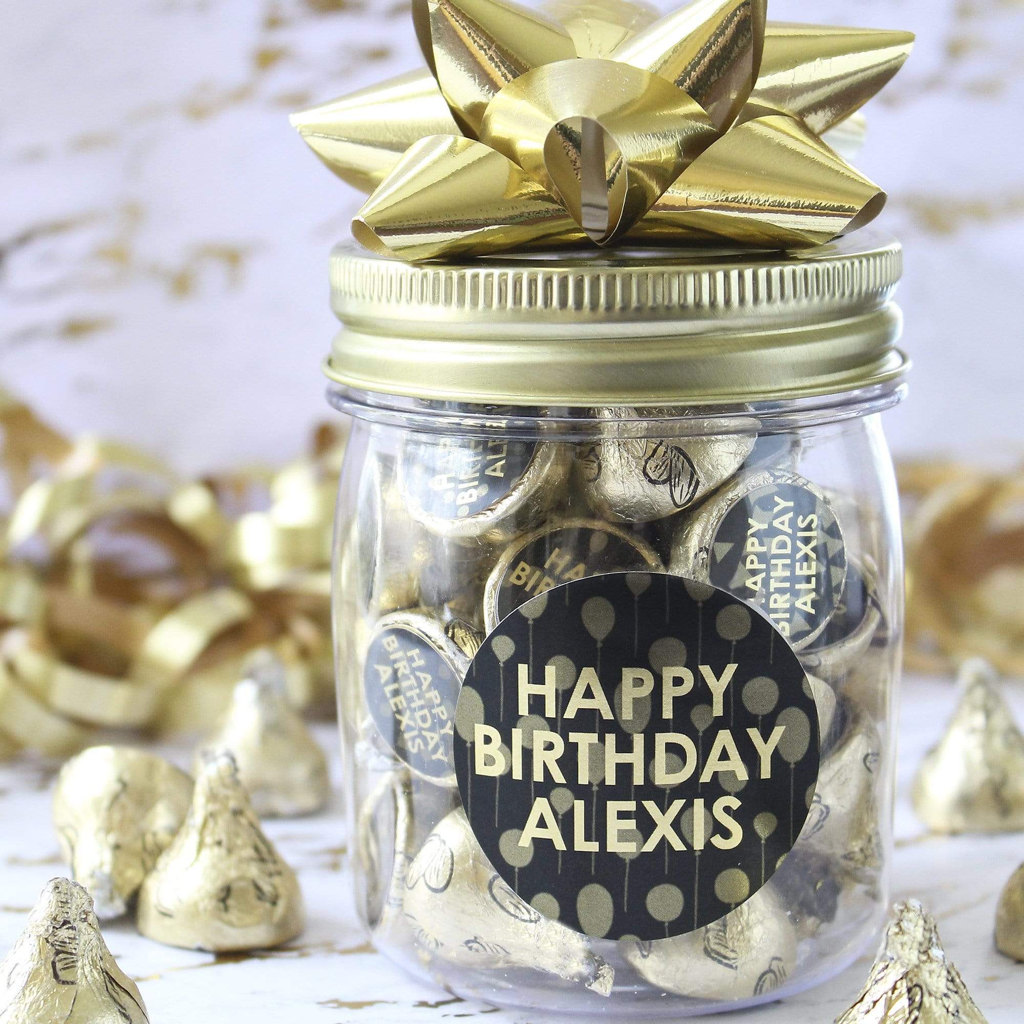 Gold Black Personalized Happy Birthday Party Favor Stickers with Name - 1.75 in - 40 Labels